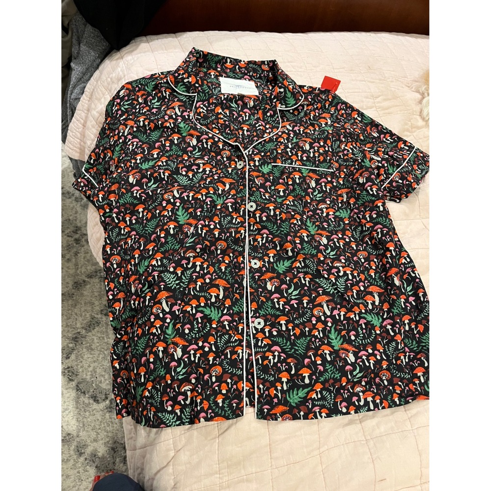 Floral Street Mushroom Print Short‎ Sleeve Pajama Top Button Up Shirt